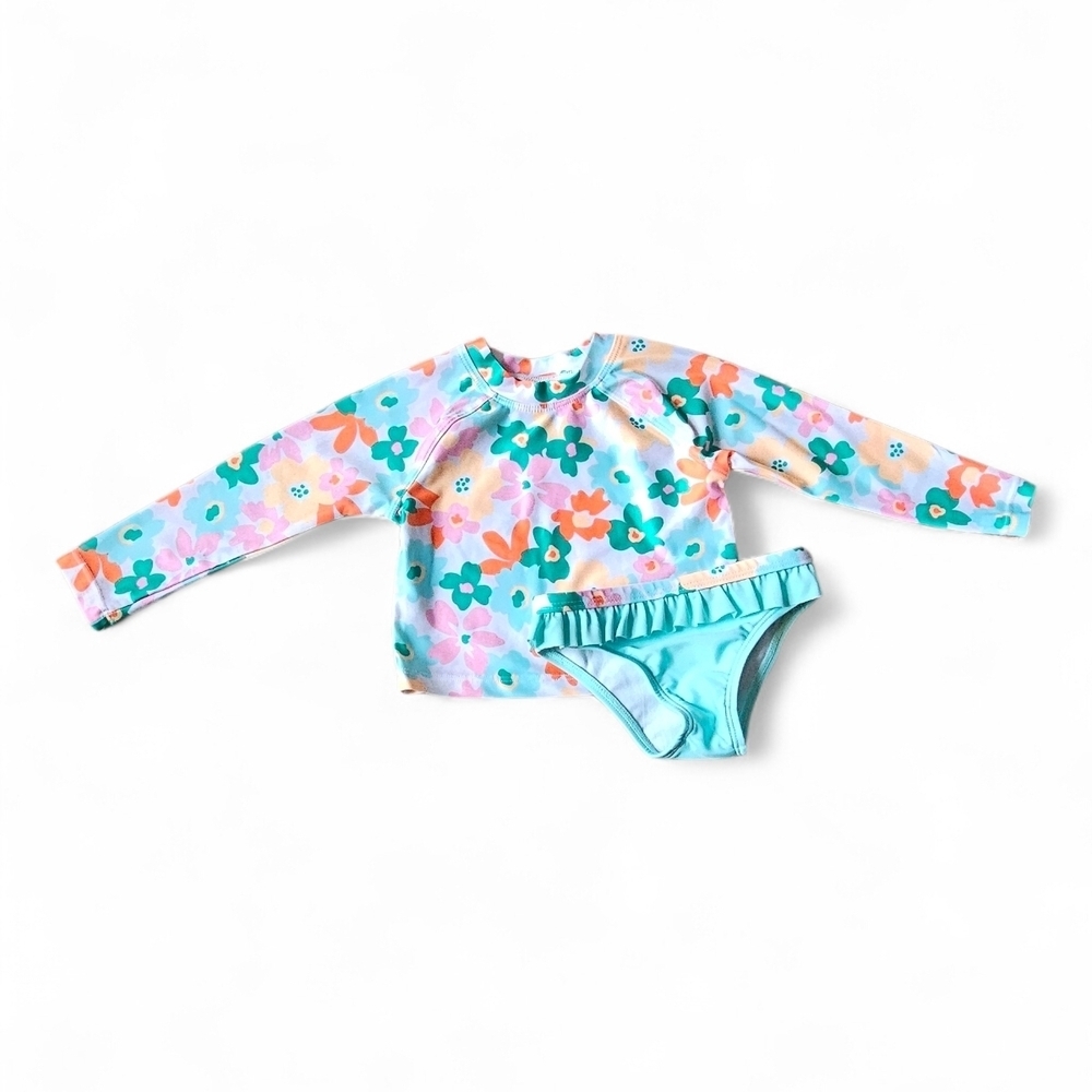 Wonder Nation Baby Girl 2-Piece Floral Long Sleeve Swimsuit Set – Siz